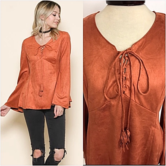 ‼️SALE Beautiful Boho Suede BellSleeve Top S - Picture 2 of 5